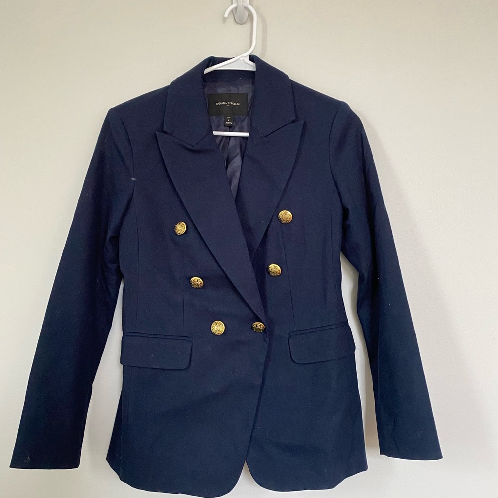 Banana Republic Blue and Gold Blazer Double-Breasted Suit Jacket